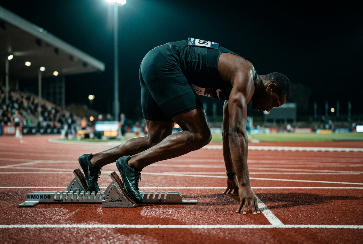 Sprinter accelerating out of the starting blocks during sprint start analysis